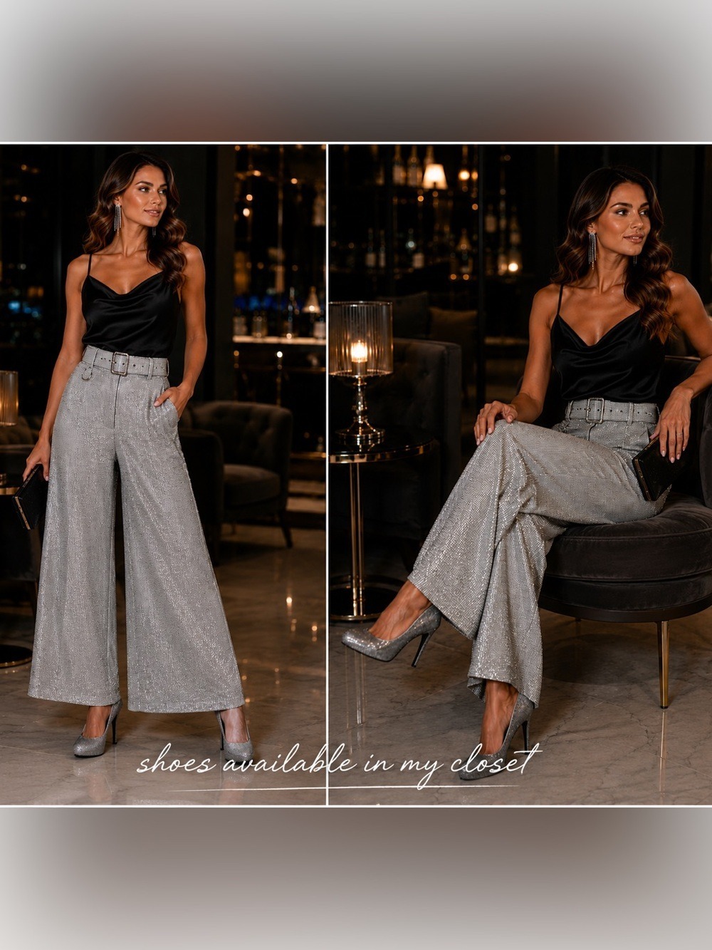 Ammo Gray Metallic silver rhinestone diamanté hotfix belted wide pants